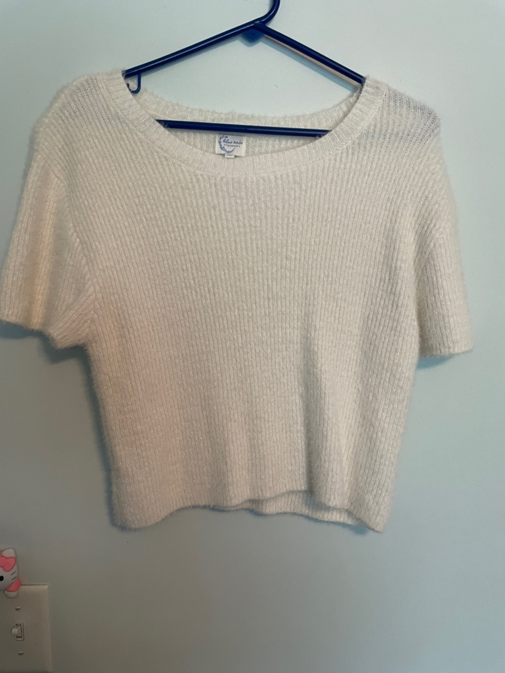 Blue Rain Cream Short-Sleeve Fuzzy Scoop Neck Sweater